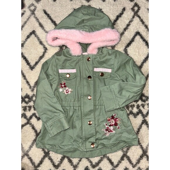 Toddler Little Lass Fur Trimmed Hooded Embroidered Jacket - Picture 1 of 4